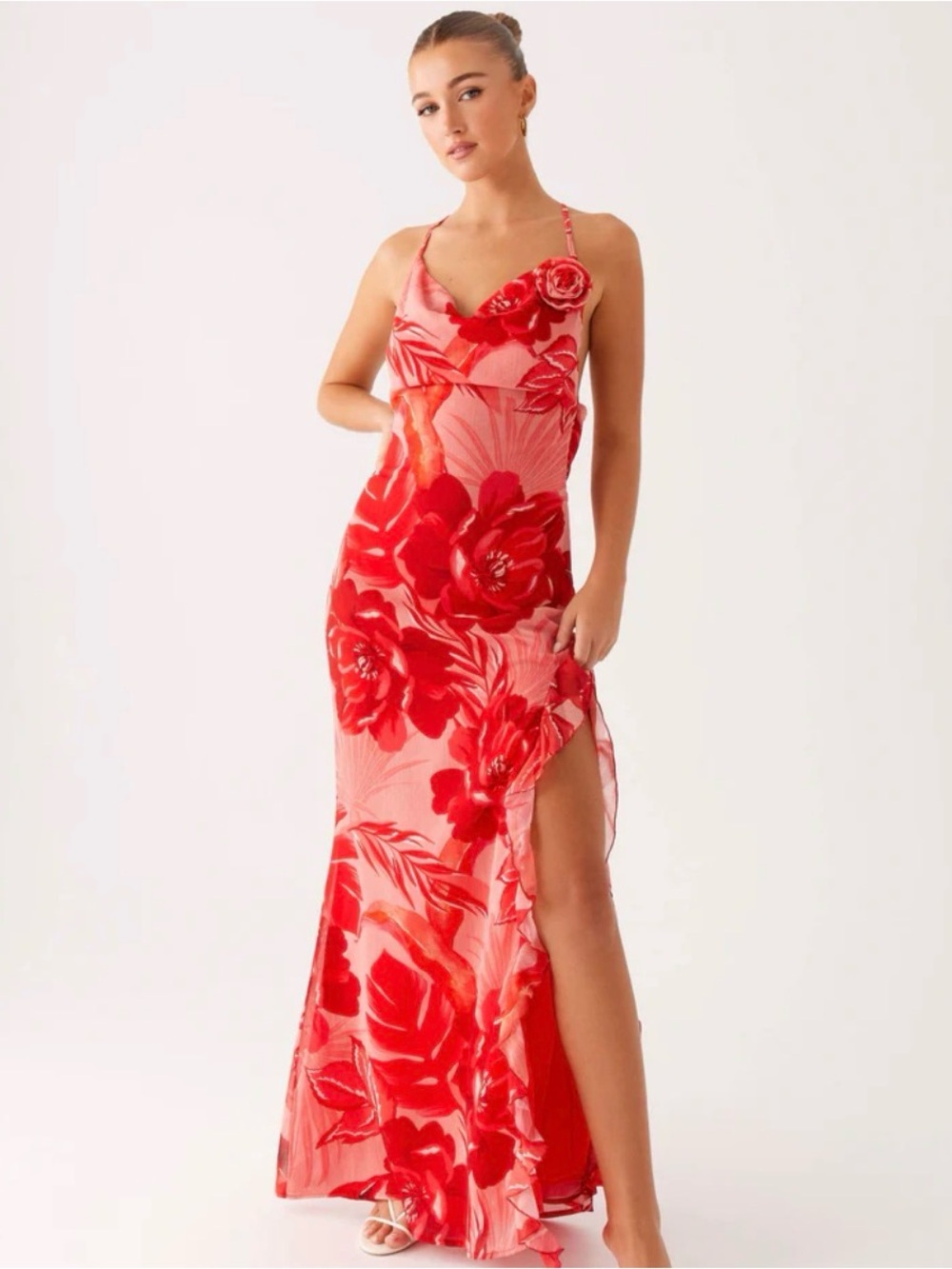 Peppermayo Red Sicily Floral Slip Maxi Dress with Side Slit